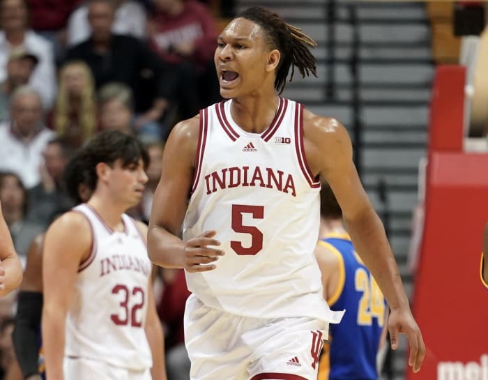 Nov 7, 2022; Bloomington, Indiana, USA; Indiana Hoosiers forward Malik Reneau (5) celebrates after a defensive stop during the first half at Simon Skjodt Assembly Hall.